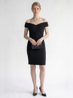 Tadashi Collection Black Pleated Off-Shoulder Cocktail Dress Size M